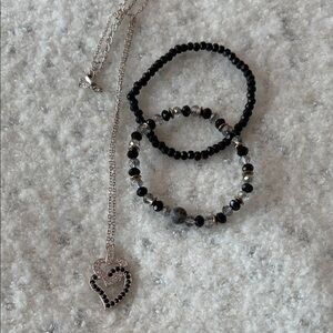 Rhinestone Double Heart Necklace and Crystal Bracelet Set